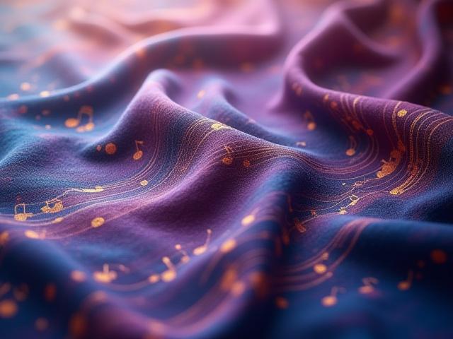 Abstract silk tapestry with musical notes woven in, shimmering in soft light.