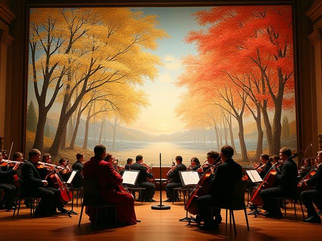 A grand silk tapestry depicting a symphony orchestra in impressionistic style