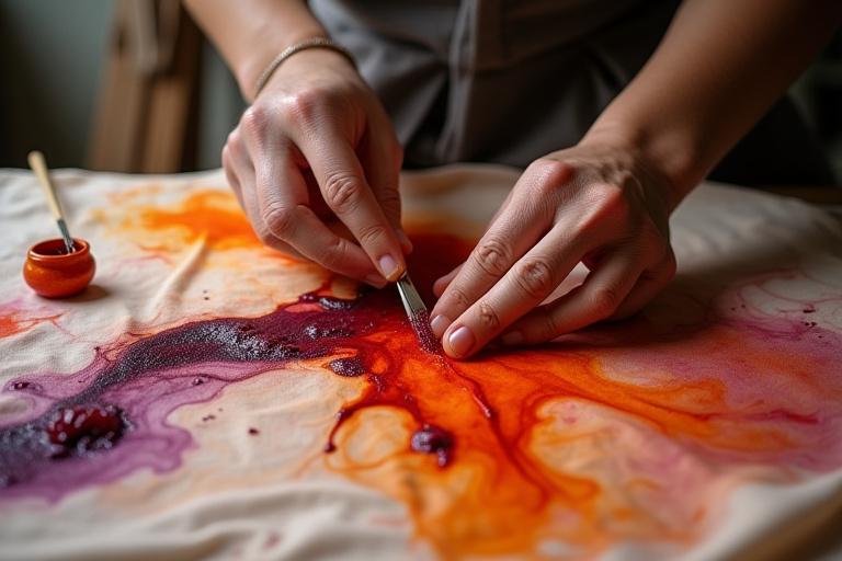 Artisan's hands meticulously dyeing a piece of silk fabric, rich colors flowing into the material.